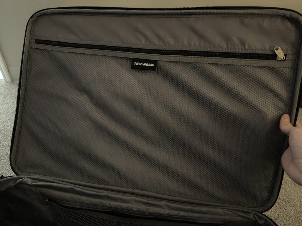 inside net pocket of a SwissGear suitcase