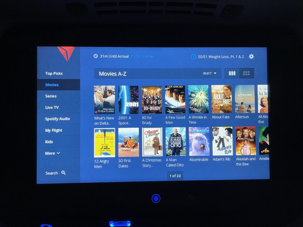 List of movies on the IFE screen inside a Delta A321